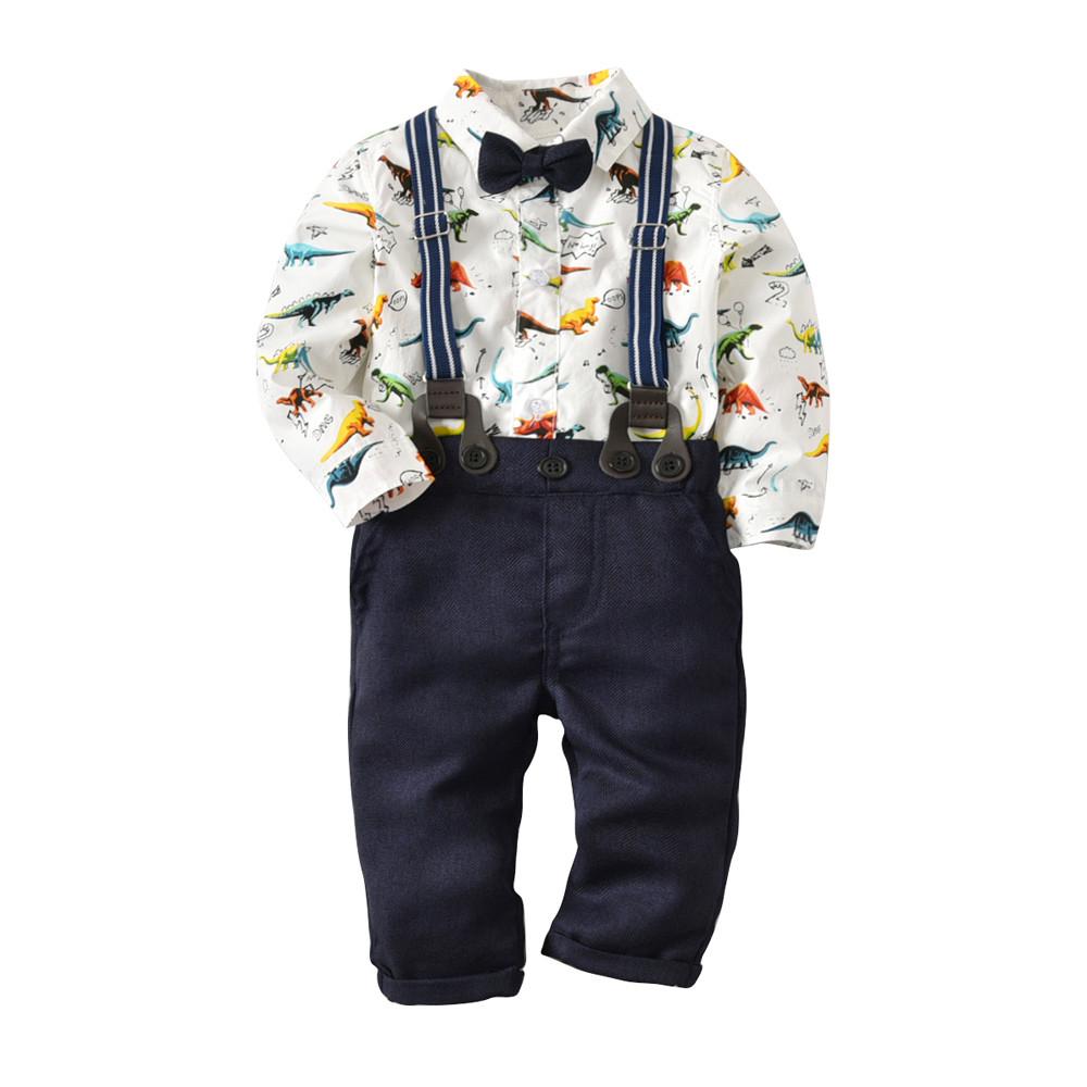 Kimocat Toddler Dinosaur Printed Romper Shirt and Suspender Pants for 2-5 Years Old Baby Boys Outfit Kimocat Toddler Dinosaur Printed Romper Shirt and Suspender Pants for 2-5 Years Old Baby Boys Outfit