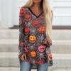 Women's Long Sleeve V-Neck Halloween Print Tunic Top Casual Tee