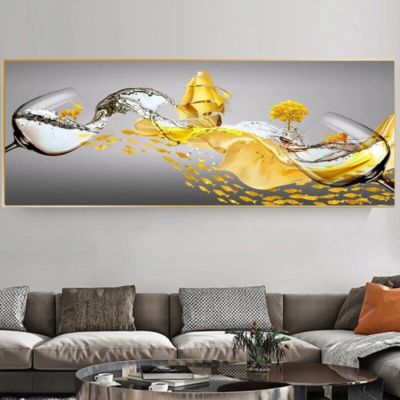 

Современная роскошная картина на холсте, бокал для вина, парусная лодка, декоративные картины, настенное искусство, китайский золотой декор для гостиной, спальни, Куадрос 60x180CM NO Frame кадмий желтый