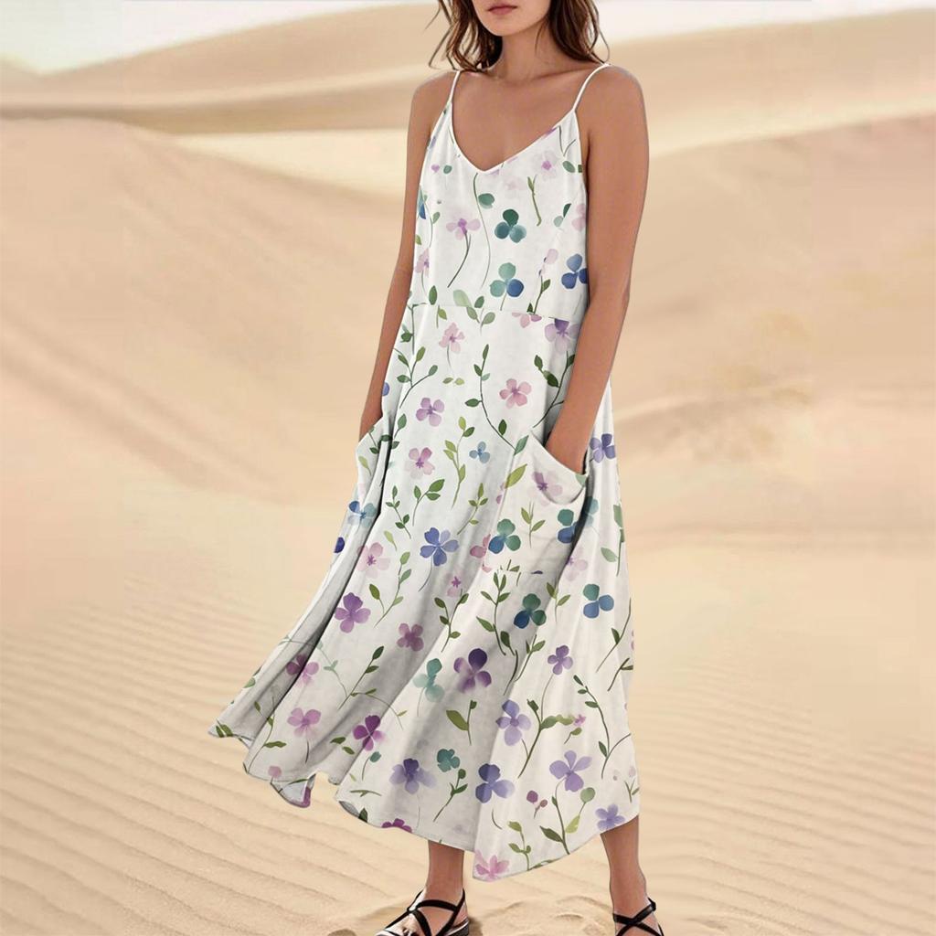 Women's Casual V Neck Floral Print Sleeveless Pocket Suspender Dress