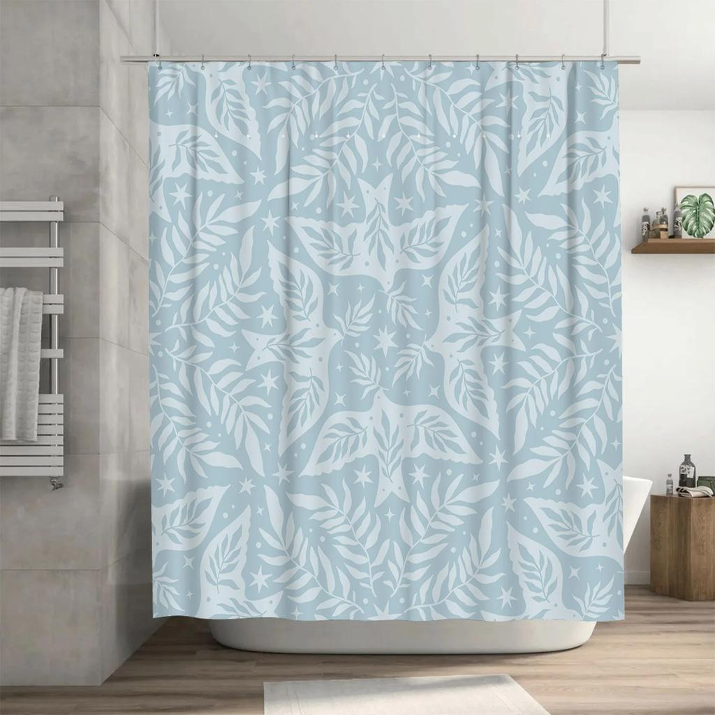 Modern Style Waterproof Shower Curtain Blue Floral Print Bathroom Decor Privacy Room Divider for Home Bathrooms
