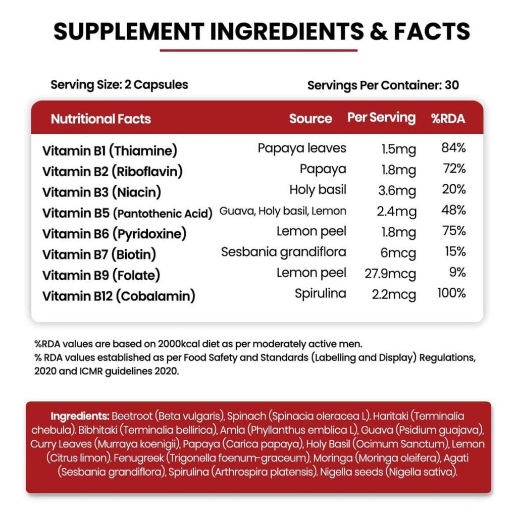 Vlado's Himalayan Organics Plant Based Vitamin B12 2.2mcg Capsules With B Complex & Moringa 60 Veg For Energy Support