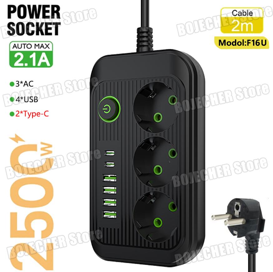 Smart Power Strip Extension Cord F16U F20U EU Plug AC Outlet Electrical Socket Extension Cable USB Type C Network Filter Adapter