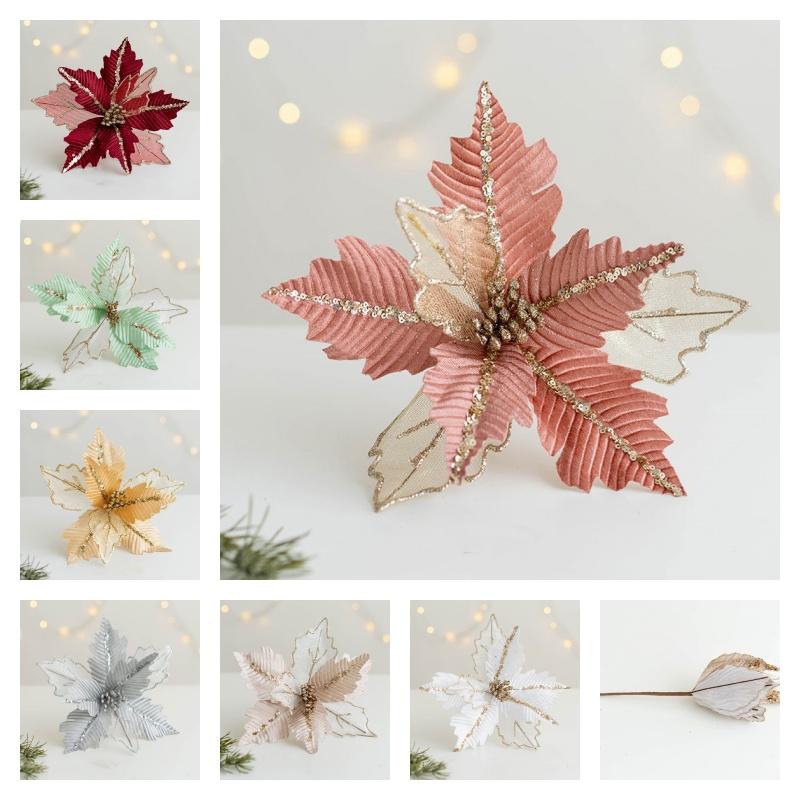 High-quality 25cm Vine-like Christmas Flower Garland With Net Fabric And Sparkling Sequins
