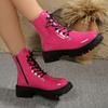 Plus Size Side Zip Kid Heel Booties Fall New Round Toe Lace-Up Front Patent Leather Non-Slip Single Boots