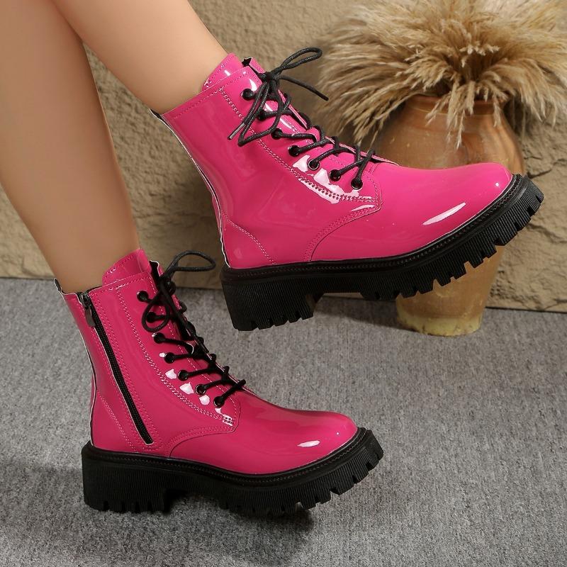 Plus Size Side Zip Kid Heel Booties Fall New Round Toe Lace-Up Front Patent Leather Non-Slip Single Boots
