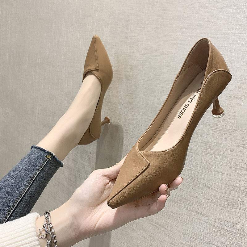 3Cm Not Tired Feet High Heels Annual Thin Heel 5cm Pointed Soft Leather Middle Heel Single Shoes Shallow Mouth Work Shoes