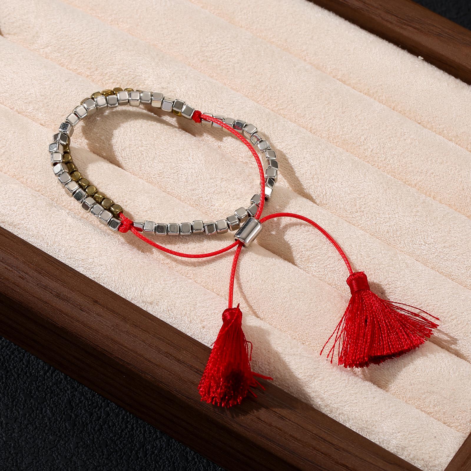 

Fashion Silvery Golden Bead Bracelet Red Rope Tassel Adjustable Wristband Jewelry for Women GOLD