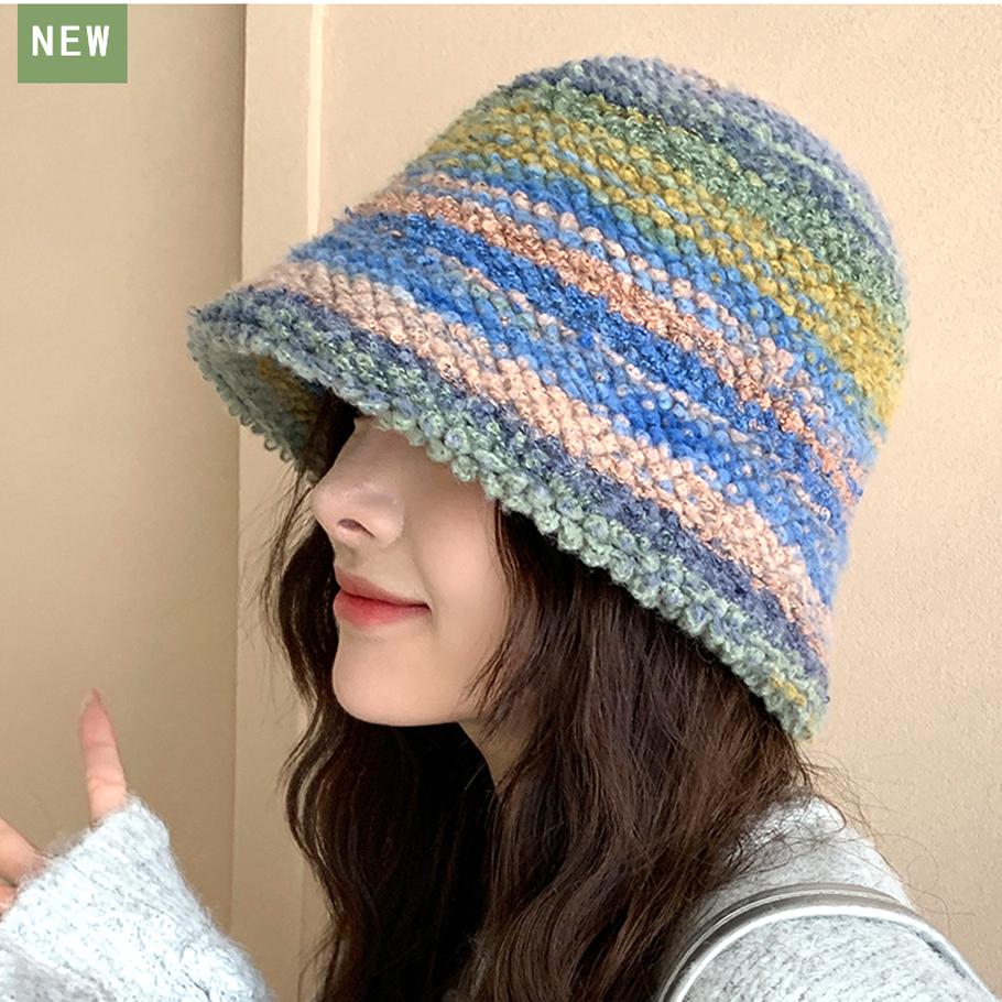 Colourful Knitted Bucket Hat Women Korea Autumn Winter Warm Dopamine Warm Fisherman's Hat Star Model Thickened