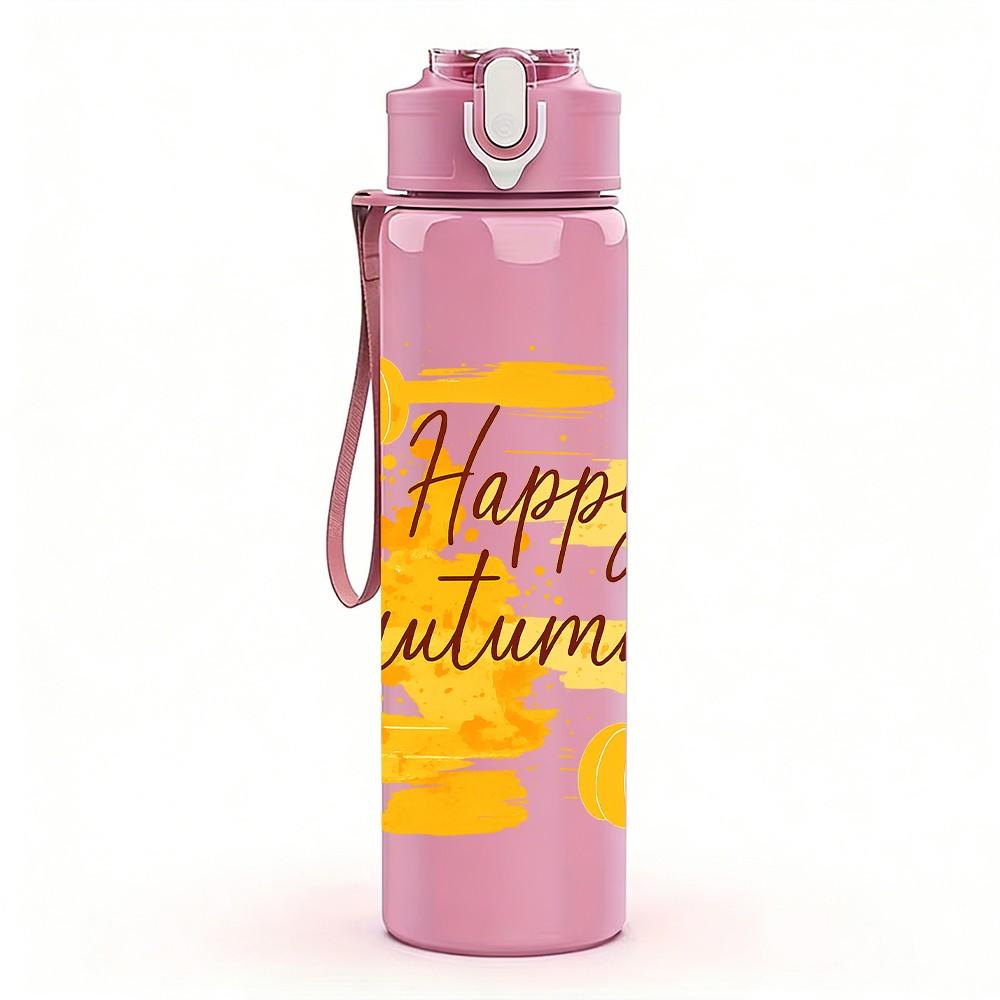 1PC Happy Autumn Fall Text Art Pattern 750ml Color Plastic Sports Water Bottle Leakproof Flip Straw Lid Suitable for Sports Office Home Use