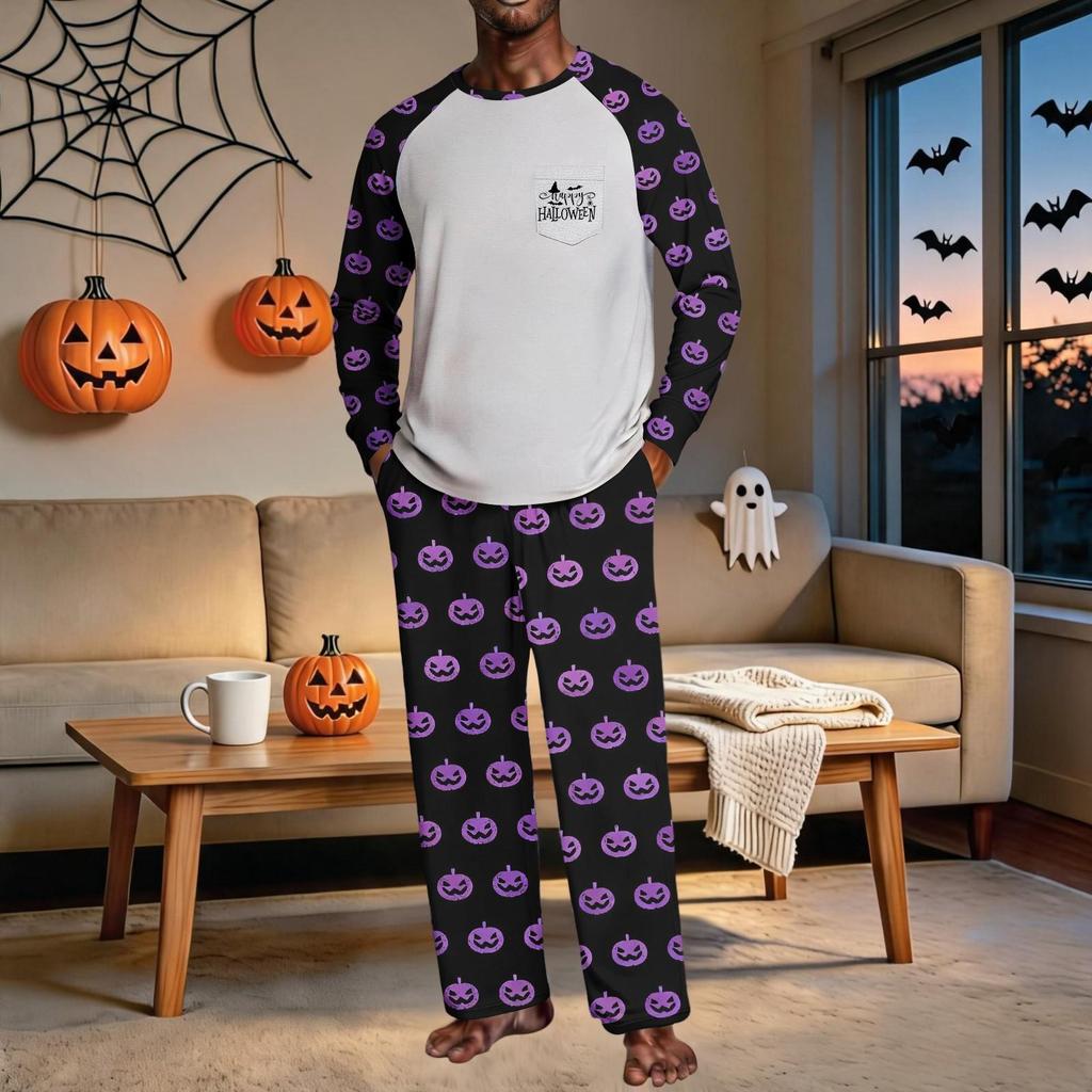 Men's Halloween Pajama Set with Raglan Long Sleeve Top, Pockets and Elastic Waist Pants - Loose Fit 2-Piece Sleepwear
