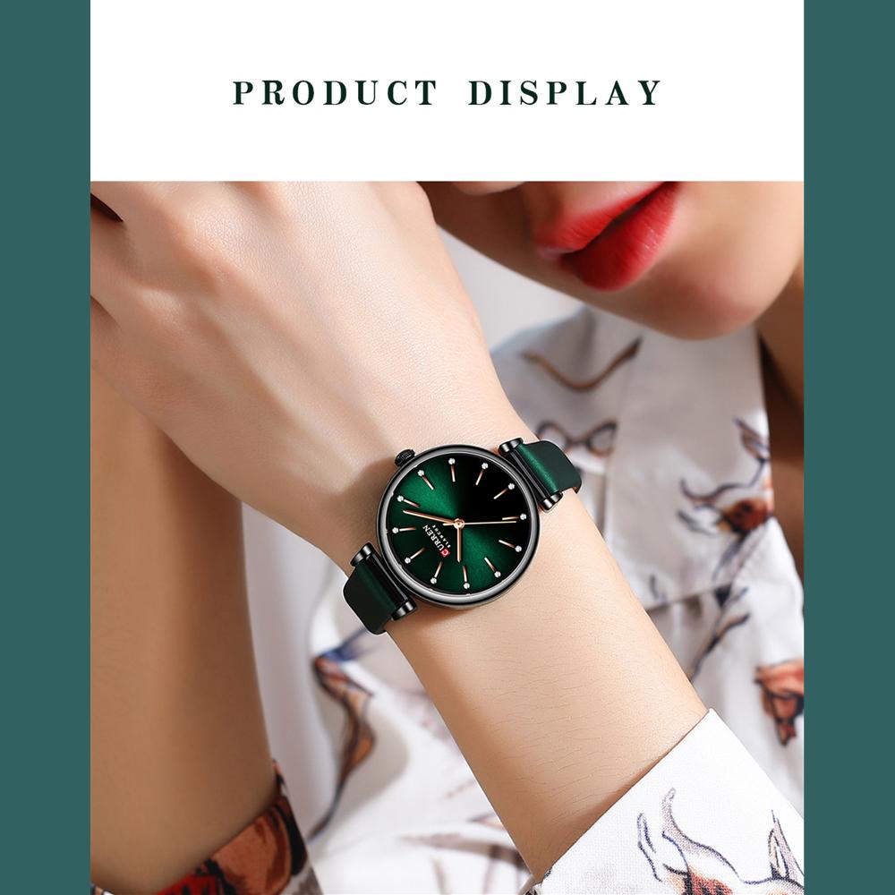 CURREN Dámské hodinky Nové TOP značkové luxusní Quartz náramkové hodinky s koženým ciferníkem s lesklými kamínky Zelené hodiny Dámské