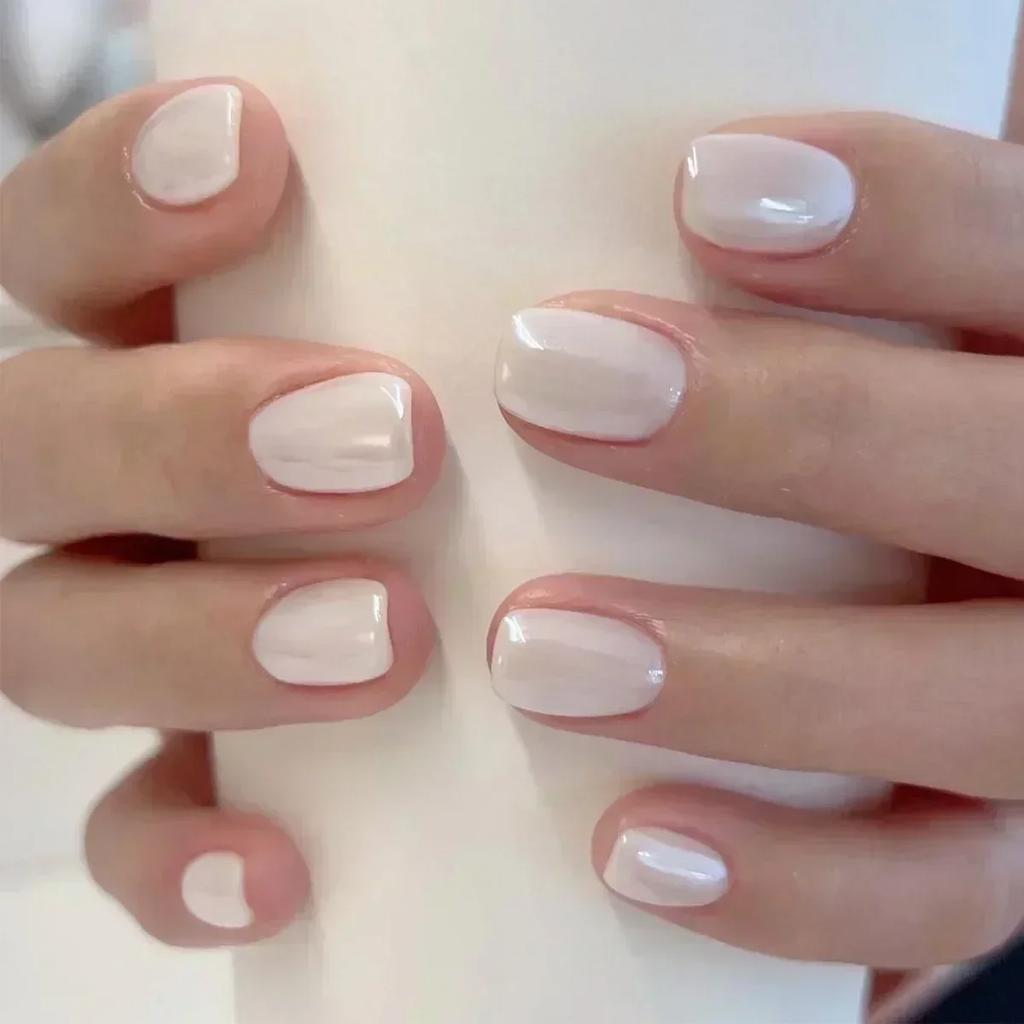24Pcs Short Aurora Cat Eye French Tip Press On Nails Metallic Chrome Full Cover Fake Nail Tips