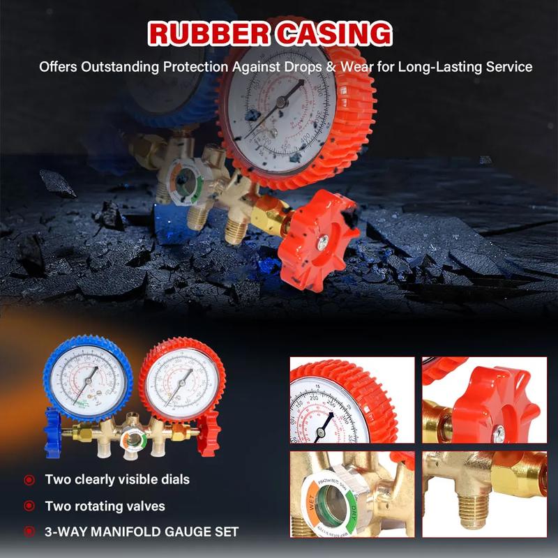 R134a Air Conditioning Pressure Gauge with Hose and Hook 3 Way AC Diagnostic Manifold Gauge Set Freon For R12 R22 R404A R134a