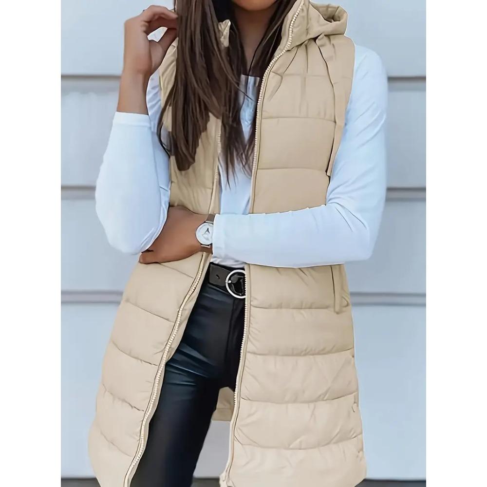 Autumn Winter Solid Color Hooded Zip Cotton Vest Women Mid-Length Plus Size Padded Gilet Coat