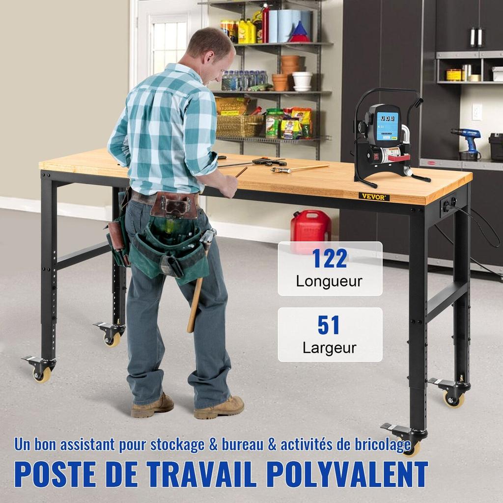 Werkbank höhenverstellbar, 122cm B X 51cm T X 104cm H Garagentisch mit 79 – 104 cm Höhen & 720KG Tragfähigkeit, mit Steckdosen & Hartholzplatte &