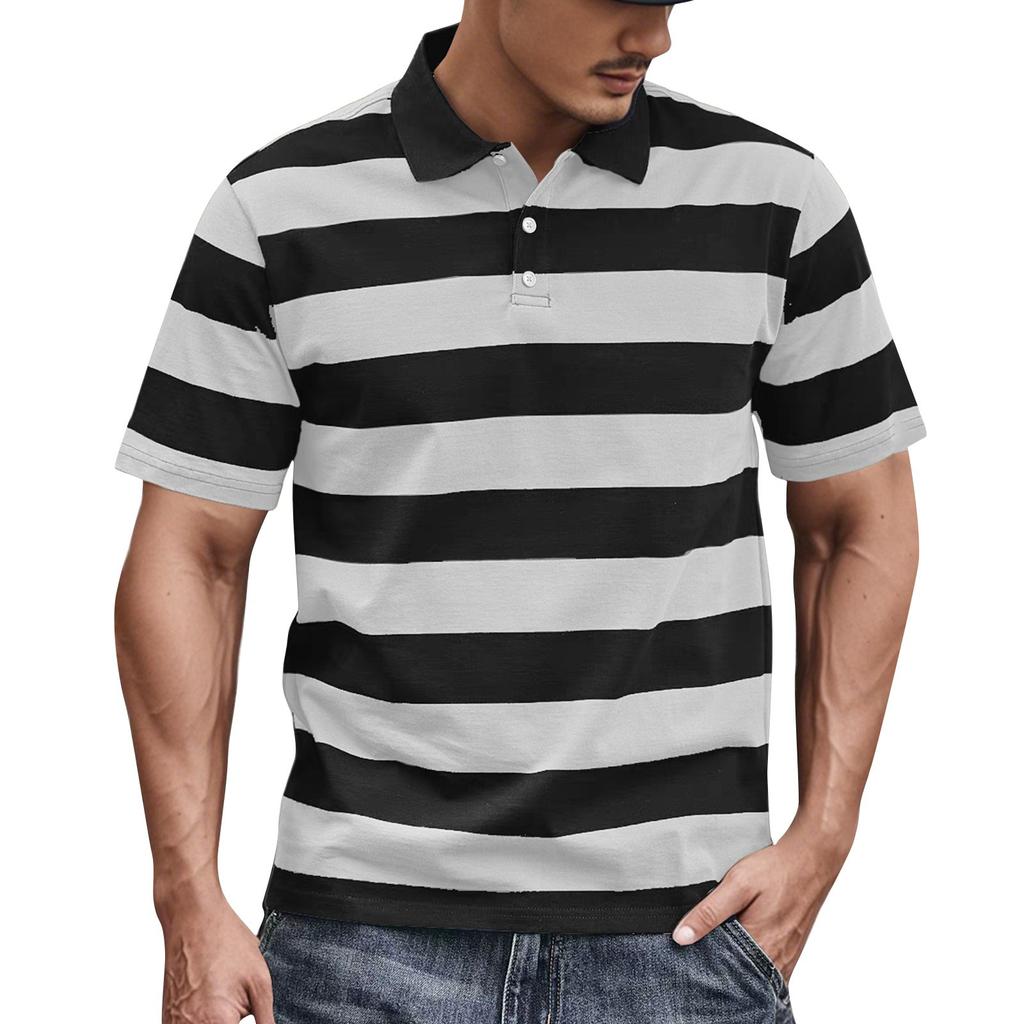 Men's Summer Stripe Print Button Lapel Loose Short Sleeve Top