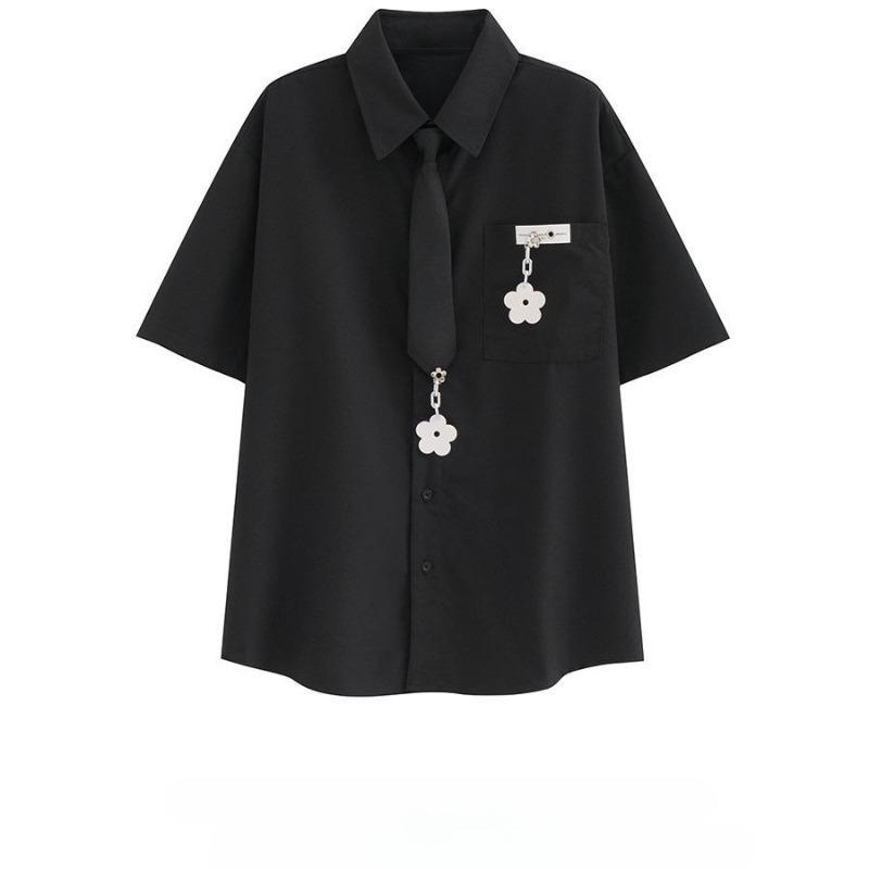 Solid Color Short Sleeved Shirts for Women American Retro College Style Shirt with Tie Summer Lapel Single Breasted Tops