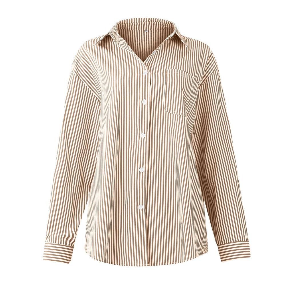 Women's Striped Button Down With Pocket Long Sleeves Collar Shirt Tops