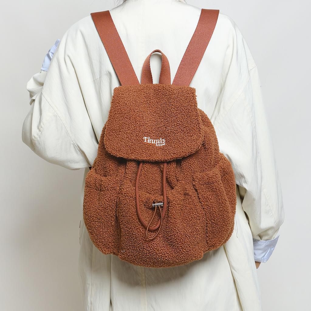 Winter Lamb Plush Backpack Women'S Large Capacity Leopard Print Backpack College Student Autumn And Winter Brown Bag
