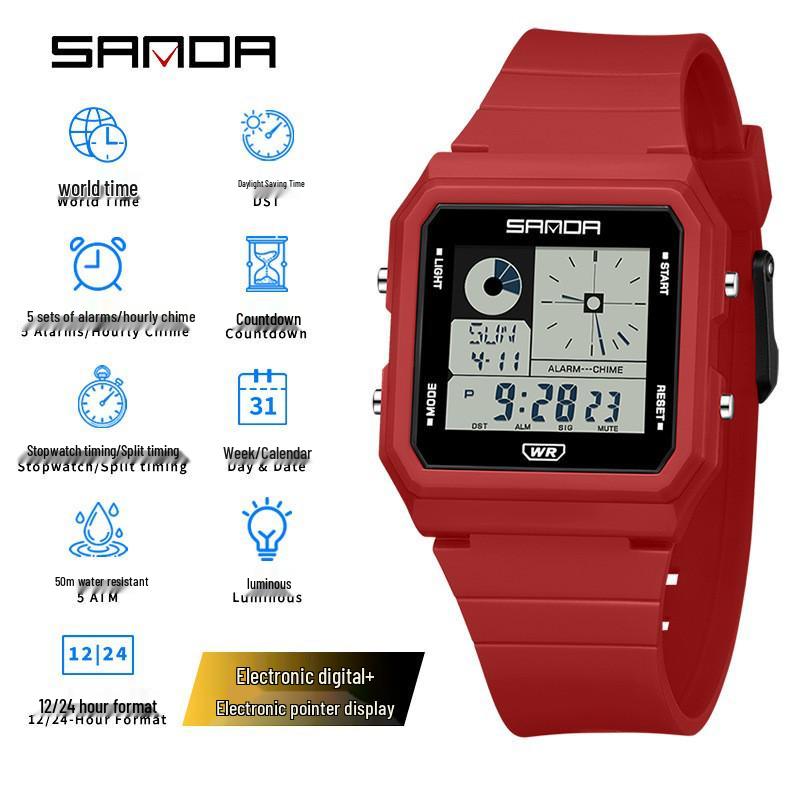 Sanda Multifunctional Waterproof Luminous Electronic Watch with World Time & Alarm - Ideal for Students