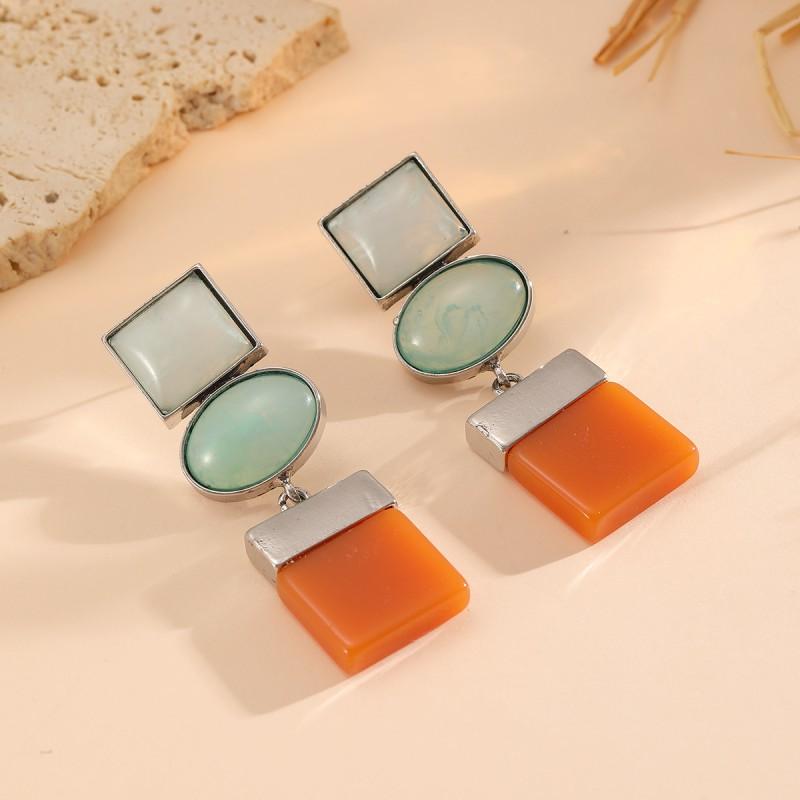 Bold Geometric Earrings Women Zinc Alloy Statement With Color Block Design In Green Blue Red