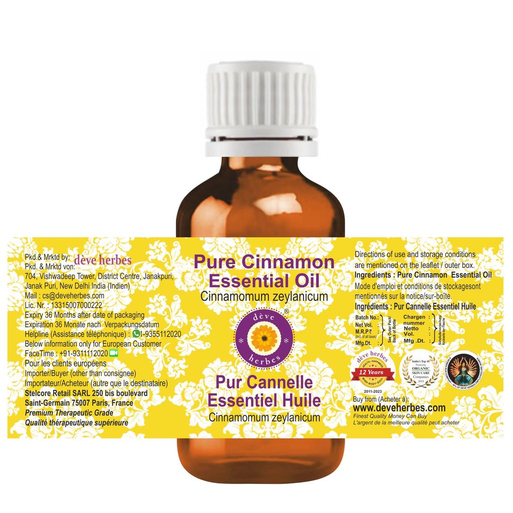 Deve Herbes Cinnamon Essential Oil (Cinnamomum Zeylanicum) Pure | Non-Sticky | Non-greasy | Lightweight | Men & Women | All Skin Types | Steam Di