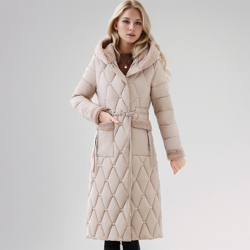 

2024 New Cotton Jacket Women s Long Style Lamb Wool Splicing Over Knee Solid Color Cotton Jacket Women s Hooded Waist Jacket Looks Thin L розовый