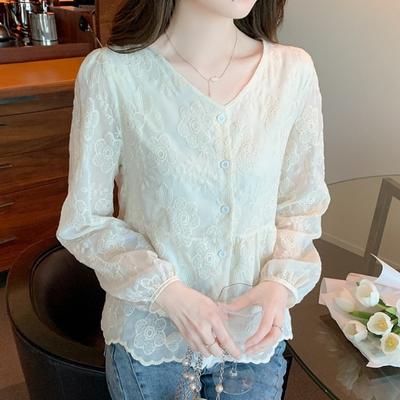 Camisa de Encaje con Botones Bordados de Manga Larga para Mujer Moda Nueva Blusa Holgada de Manga de Farol para Mujer Tops Elegantes Casuales Vintage para Dama 24229