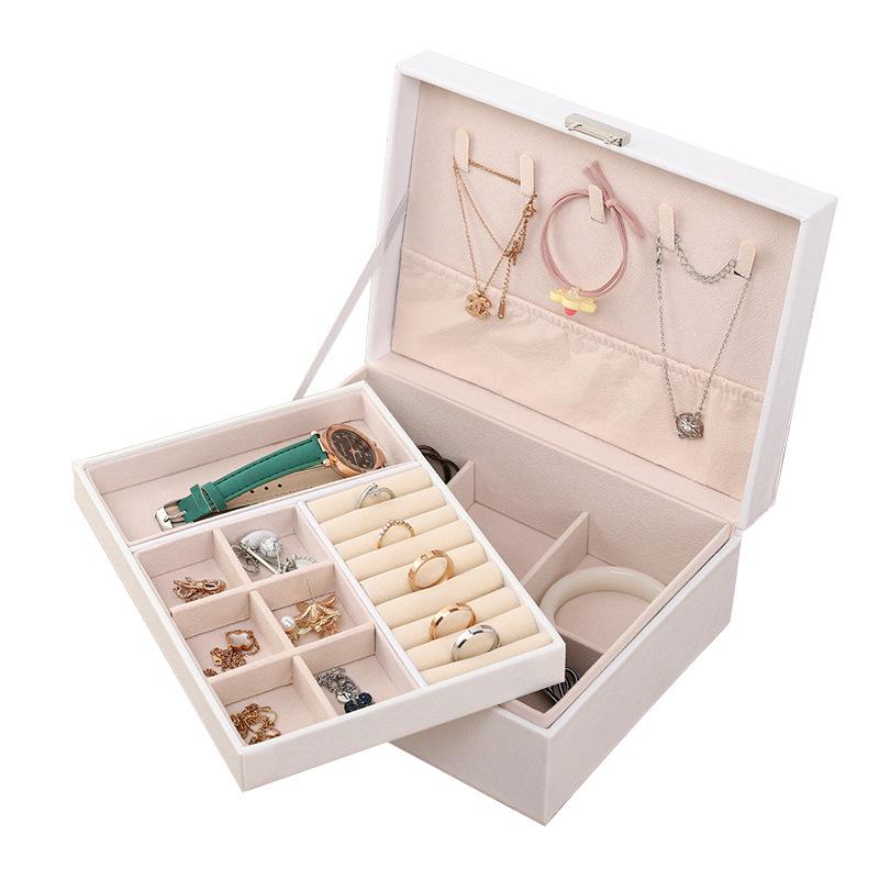 Double-Layer Large-Capacity Jewelry Storage Box with Lock - Wooden PU Leather Design