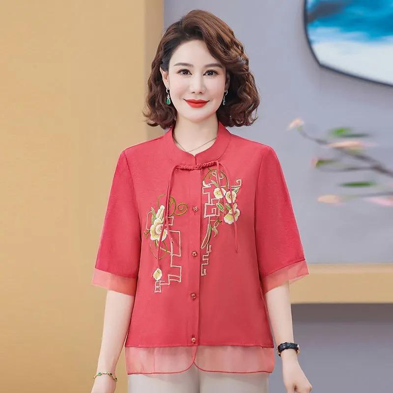 Women's Chinese Style Stand Collar Blouse Half Sleeve Embroidered Floral Frog Button Elegant Red Top for Daily
