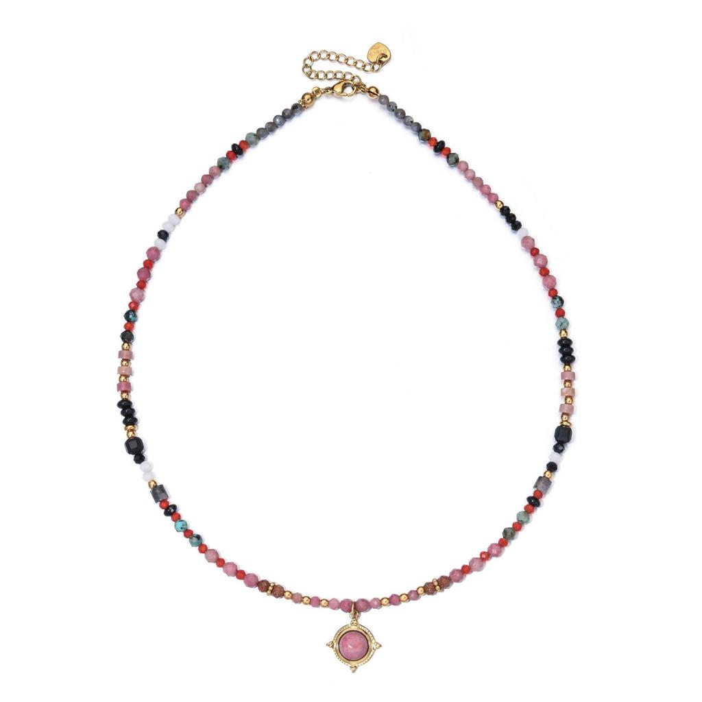 Elegant Bohemian Red Veined Stone Beaded Necklace with High-End Stainless Steel Clavicle Chain for Women