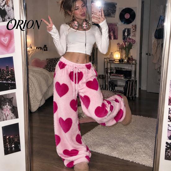 Soft Drawstring Sleeping Trousers Women Fuzzy Pants, Heart Print Wide Leg Pajama Bottoms with Elastic Cozy Winter Home Pants Waist Drawstring,