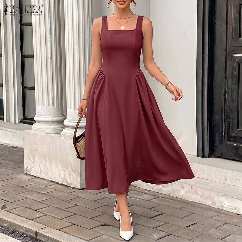 ZANZEA Women Elegant Square Collar Casual Sleeveless Midi Dress