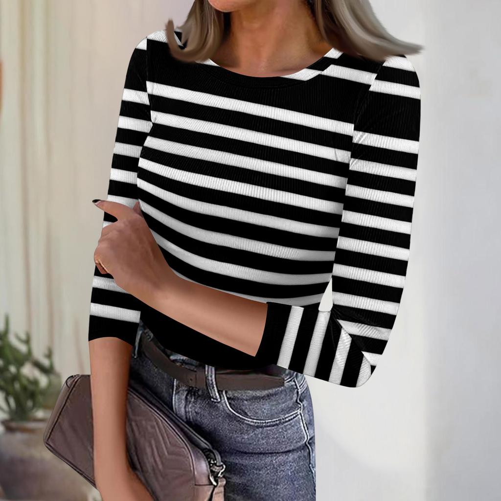 Dam Casual Mode Rundhalsad Randig Tryck Trekvartsärm Ribbad Topp
