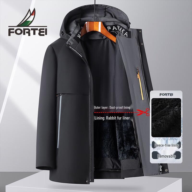 Men s Detachable Rabbit Fur Lined Hooded Parka 56