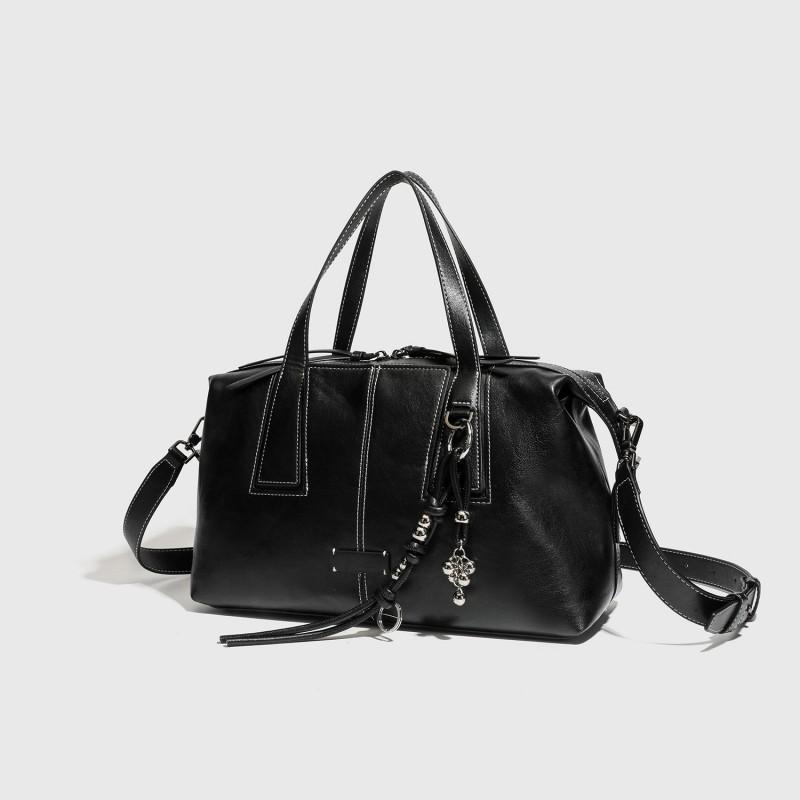 2026 New Retro Top-layer Cowhide Boston Bag Bowling Old Money Style High-end Cross-body Women's Large Capacity