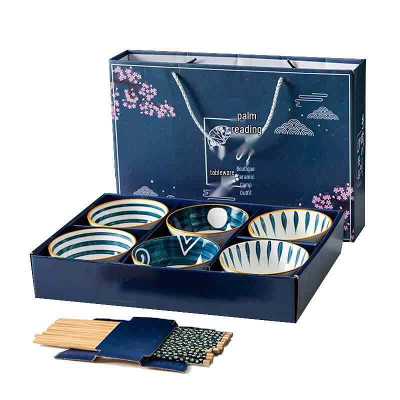 Chinese Blue and White Ceramic Bowl and Chopstick Gift Set 6 Bowls & 6 Chopsticks