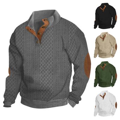Men Sweatshirt with Elastic Cuffs Stand Collar Long Sleeves Patchwork Jacquard Loose Contrast Color Buttons Casual Daily Wear School Mid Length Top