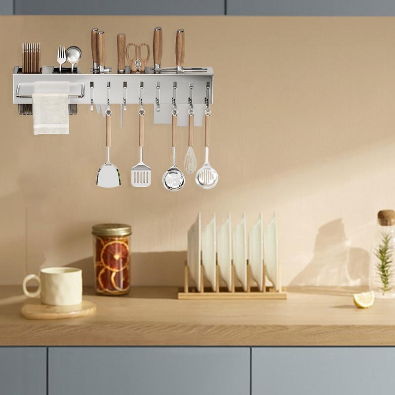 Kitchen Utensil Holder Adhesive Kitchen Rail with Hooks 50cm Kitchen Tool Holder Stainless Steel Dangling Utensil Holder for