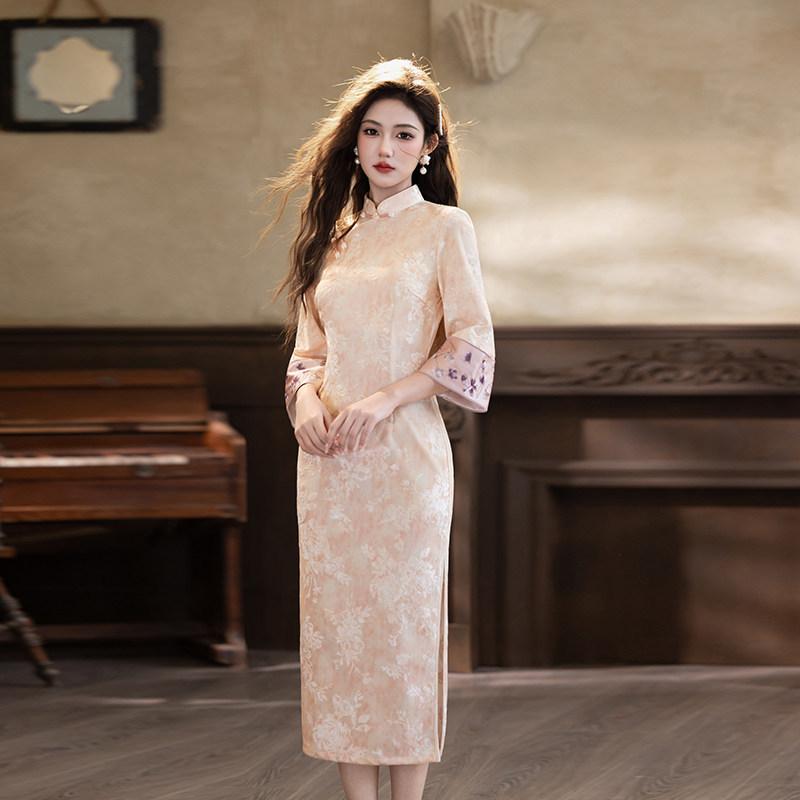 Pink national style new Chinese Suzhou long-sleeved autumn cheongsam improved young 1011 new women's high-end feeling spring and autumn