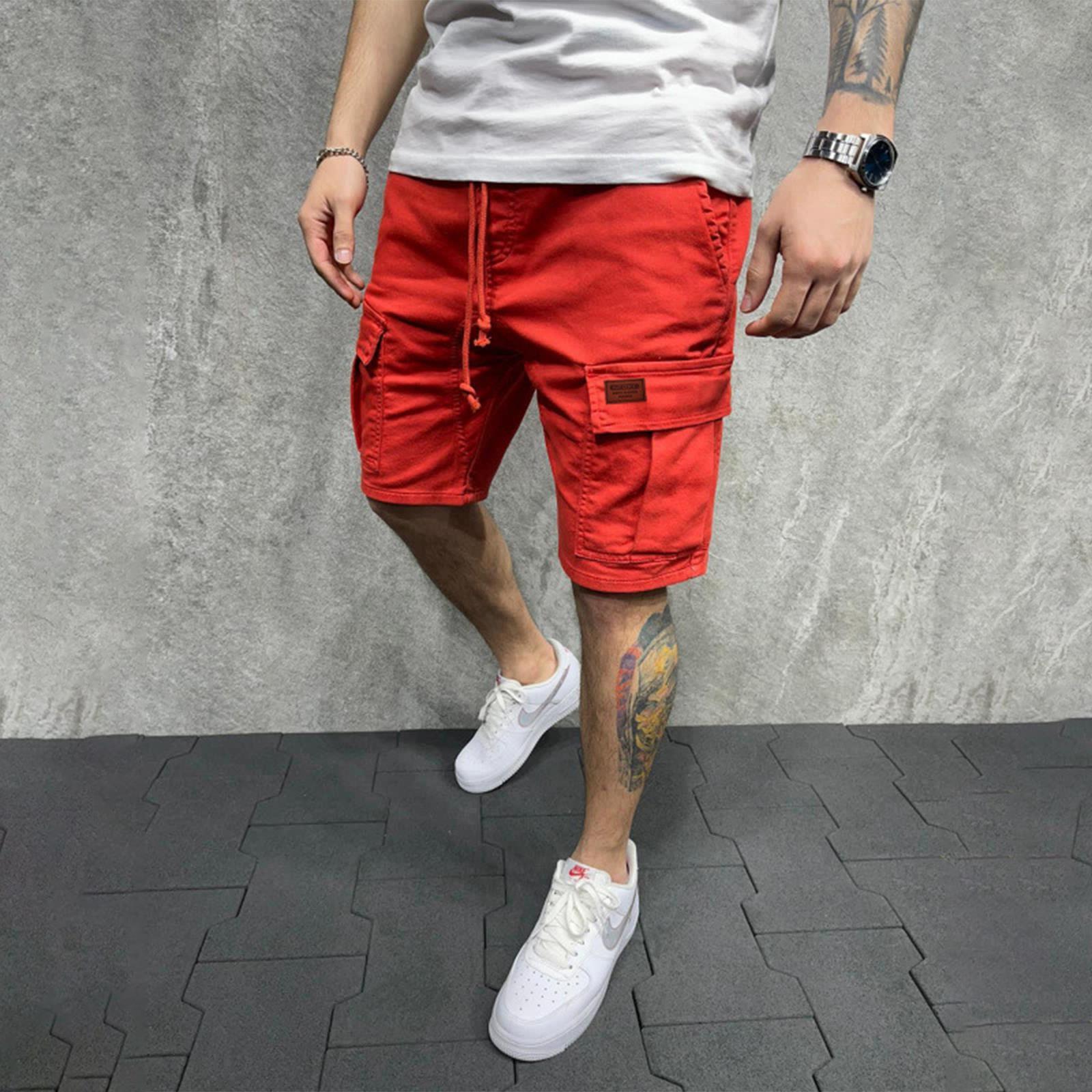 

Mens Multi Pocket Cargo Shorts Loose Fit Straight Leg Athletic Knee Length Shorts Drawstring Waistband Utility Style L красный