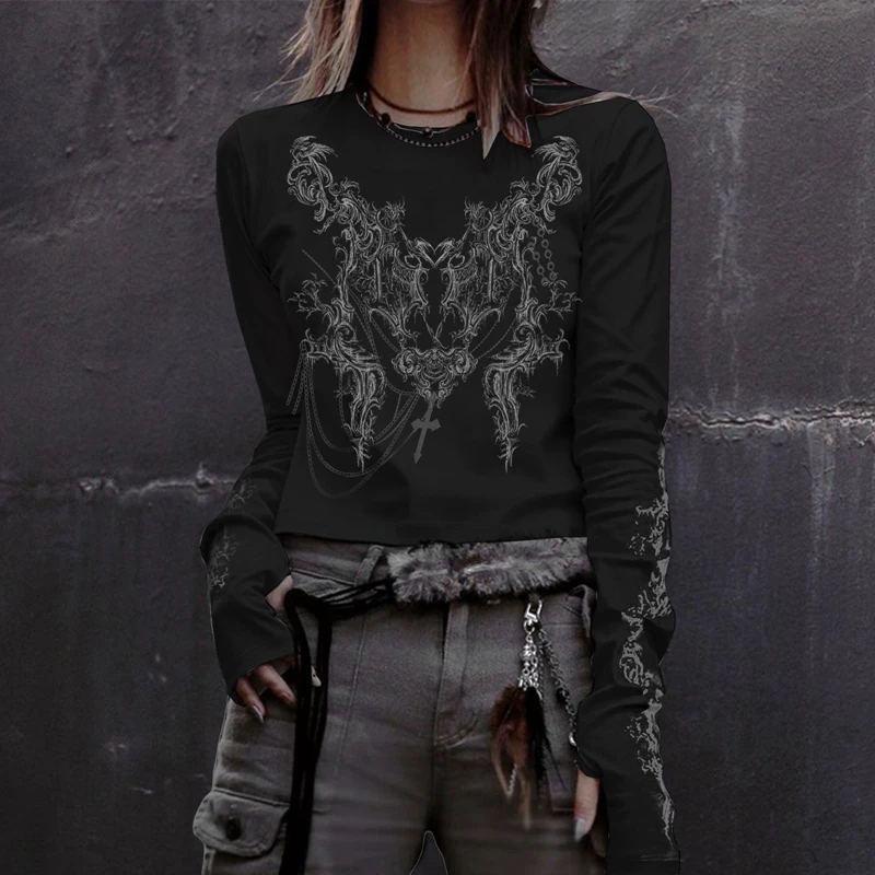 Y2K Neues Damen Top Langarm T-Shirt Gothic Dark Clothing