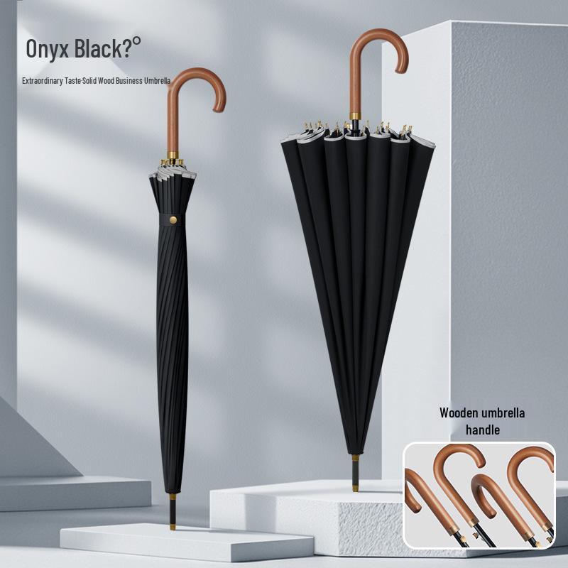Men's Extra Large 24-Rib Solid Color Business Umbrella with Wooden Handle and Logo Print