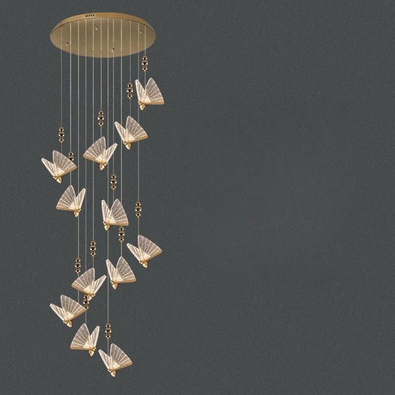 Nordic Duplex Luxury Living Room Background Wall Creative Decoration Rotating Staircase Butterfly Attic Hollow Chandelier
