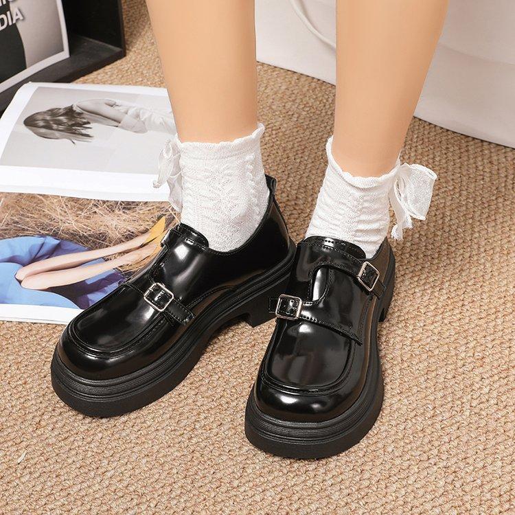 [Youshilai] Niche Design Sense Double Buckle Belt Small Leather Shoes Women's 2025 Winter New British Platform Loafers