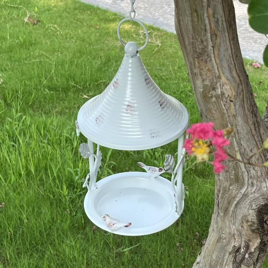 Peaked Roof Wrought Iron Hanging Bird Feeder, Rustic Vintage Outdoor Garden Patio Balcony Decoration
