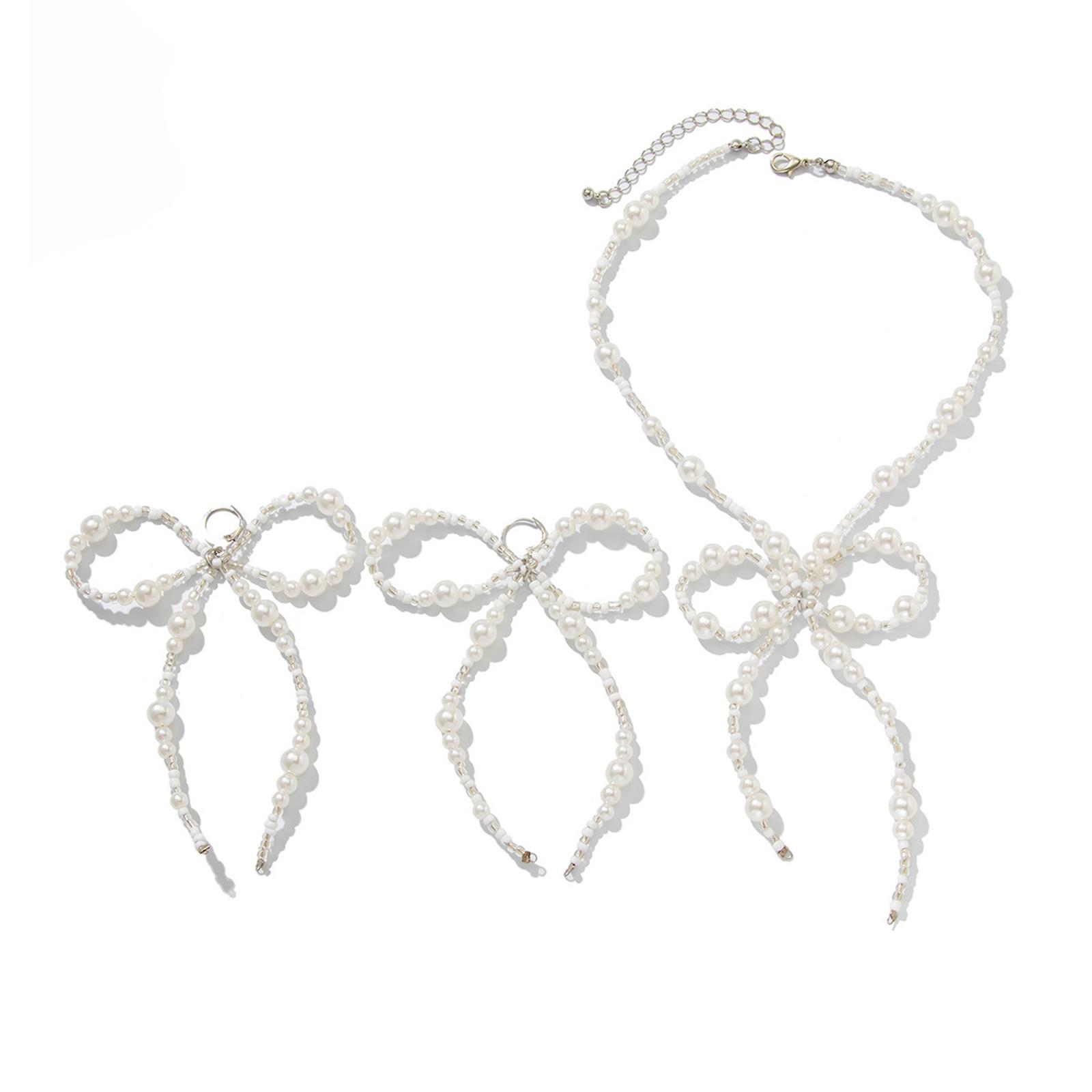

Fashionable Bowknot Inspired Jewelry Set With Simulated Pearls Necklace Earrings Combo Daily Party Wear Gatherings