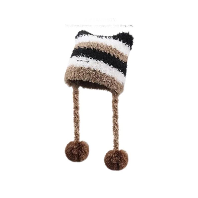 Striped knitted cute plush can be used as a bag hat versatile ear protection warm autumn and winter color matching new models