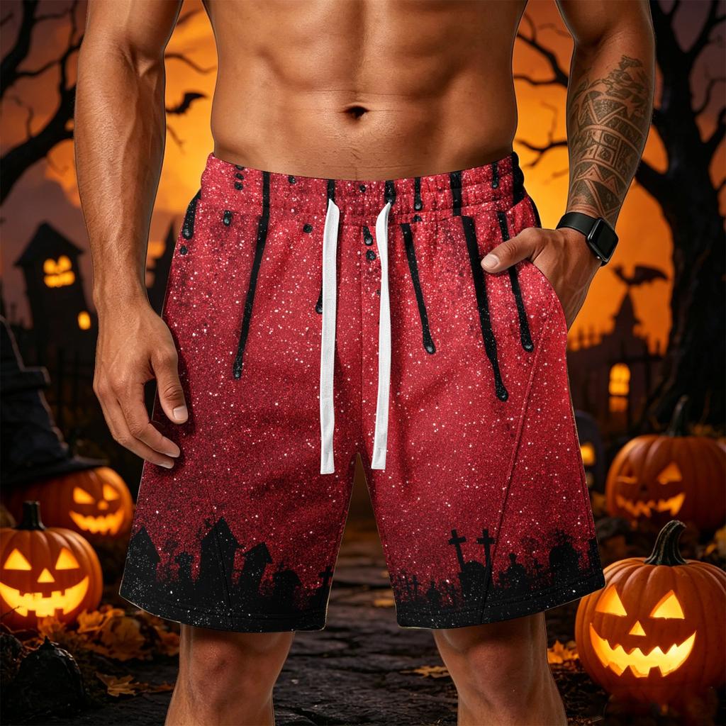 Men's Loose Fit Halloween Themed Shorts with Drawstring Waist and Multiple Pockets Casual Sport Shorts for Everyday Wear